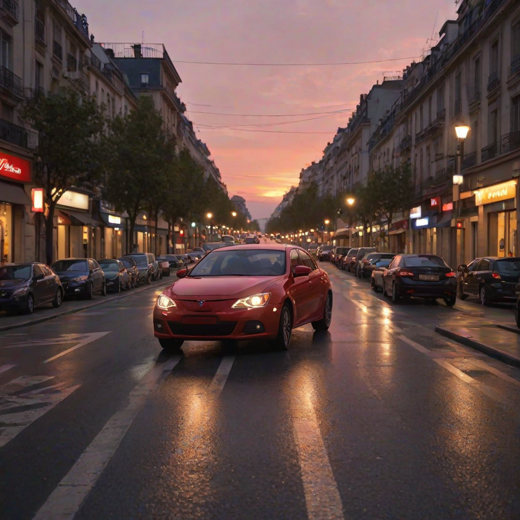 ((masterpiece, best quality)),In the evening, the sunset is reflected on the car, red car, the car is driving on the road, Dusk backlight, Street lights, street signs, parking signs, Render, UE5, Modernization, French architecture, bustling streets,