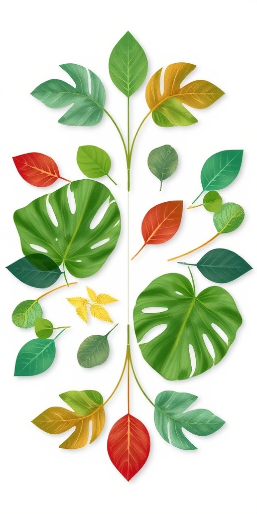 Create a high-resolution digital illustration of tropical leaves in a symmetrical layout with a pale background, using a Canon EOS R5 camera, 50mm lens, f/2.8 aperture, ISO 100, and natural light to enhance colors and contrast.