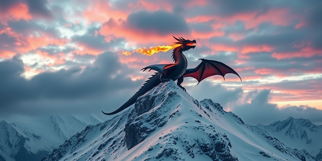 Generate an image of a majestic dragon breathing fire atop a snow-covered mountain with a dramatic sky, using a Canon EOS R5 camera, 35mm lens, f/2.8 aperture, ISO 100, and a wide-angle view for enhanced depth and detail.