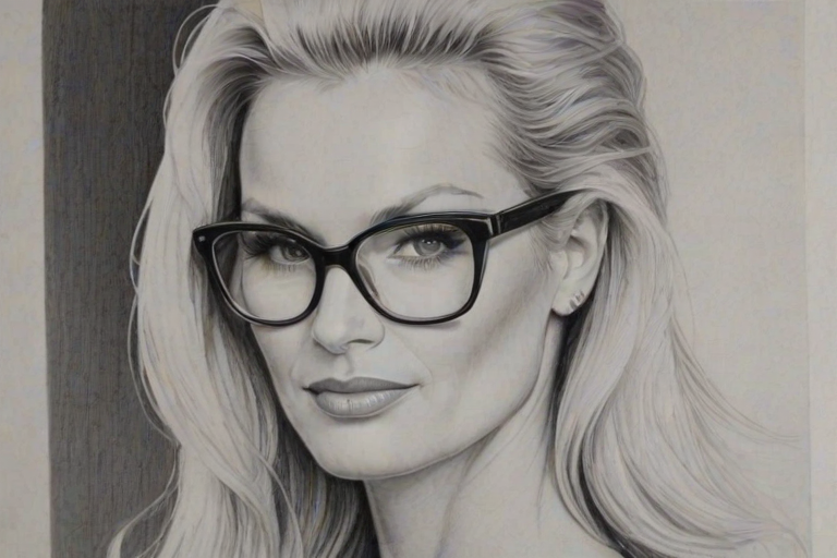 Gorgeous Nicolette Sheridan, pencil sketch, portrait of Resplendent woman 1963s in glasses, hair style beatnik, outline, clear lines, fine lines, 8k