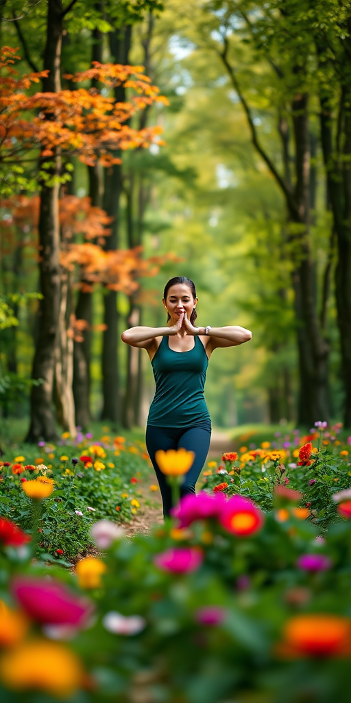 Generate an image of a woman practicing yoga in a vibrant forest, surrounded by colorful flowers and trees, using a Canon EOS R5 with an 85mm f1.2 lens, daylight settings, and a soft focus style for enhanced image quality.