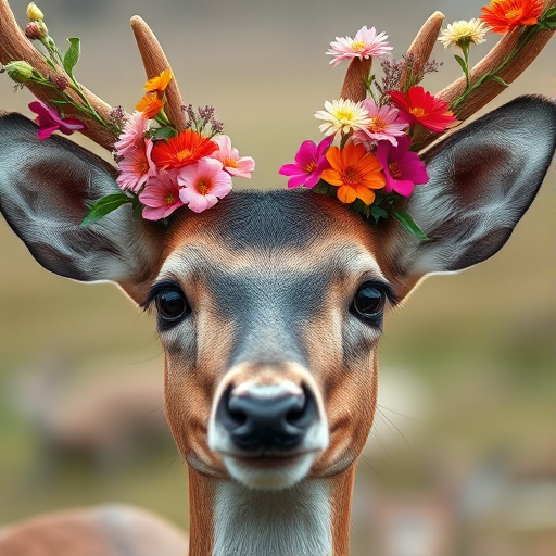 A close-up of a deer with floral elements adorning its antlers, vibrant colors, high resolution, f/2.8 aperture, 50mm lens, natural lighting, DSLR camera, shot from eye level.