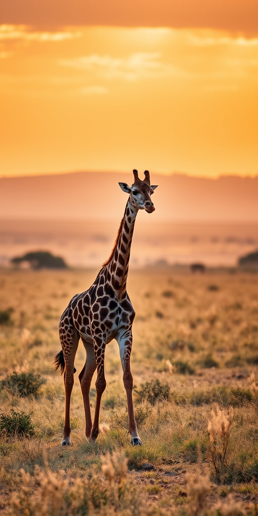 giraffe walking in an open savanna landscape during golden hour with sharp focus, aperture f/5.6, shutter speed 1/500s, ISO 100, 85mm lens, DSLR camera, landscape view
