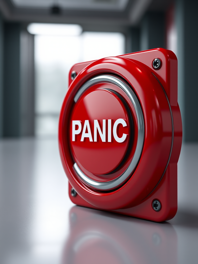 A highly detailed 3D render of a large red panic button with the word "PANIC" prominently displayed, shot in a well-lit studio environment using a DSLR camera, f/2.8 aperture, 50mm lens, ISO 100, with a slight tilt-shift effect to enhance depth of field.