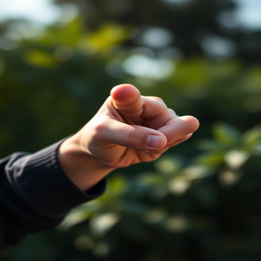 Create a detailed illustration of a hand pointing, captured with a Canon EOS R5 at f/2.8, 1/125 sec, ISO 200, 35mm focal length, using a shallow depth of field for a soft background.