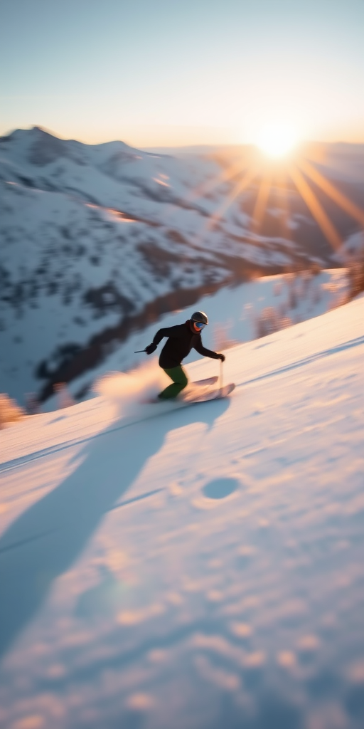 Blurry action shot of a snowboarder carving down a snowy mountain at dawn, soft golden light from the rising sun casting long shadows on the untouched snow.