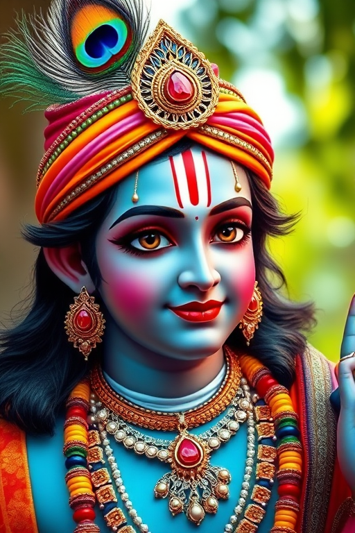 Generate a vibrant and highly detailed portrait of Lord Krishna, showcasing intricate jewelry, colorful attire, and a peacock feather in his turban, with a serene natural background, using a DSLR camera, 85mm f/1.8 lens, ISO 100, aperture f/2.8, focus on facial features, vibrant colors, and enhanced contrast for depth.