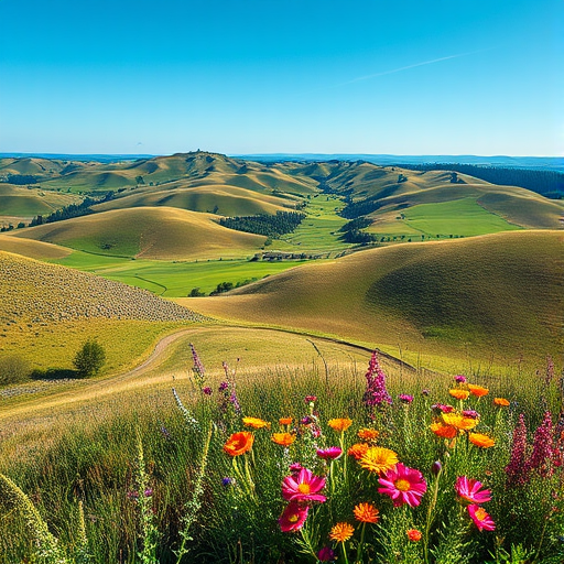 Generate a high-resolution image of a scenic landscape featuring rolling hills, a clear blue sky, and vibrant wildflowers in the foreground, shot with a Canon EOS R5 using a 24-70mm f/2.8 lens at f/8, ISO 100, and a shutter speed of 1/200 sec, with a wide-angle view to capture the vastness of the scenery.