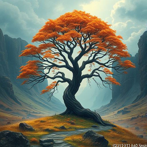 Generate a highly detailed and vibrant illustration of a stylized tree in a mythical landscape, shot with a Canon EOS R5 at 50mm, f/1.8 aperture, ISO 100, in natural light, with a soft focus background to enhance depth and clarity.