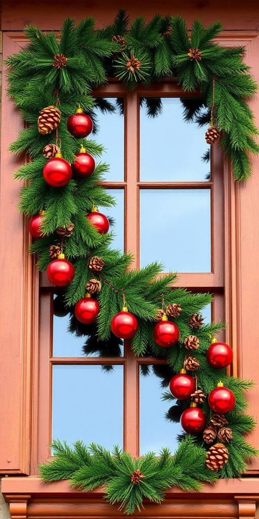 Create a festive image of a charming window adorned with a lush garland of evergreen branches. The garland should be decorated with shiny red ornaments and pine cones. The window frames should be made of rich brown wood, and the background should feature a clear blue sky.