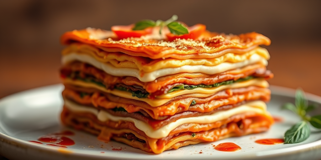 Create a high-quality illustration of a stack of lasagna with rich details, using a macro lens at f/2.8 for shallow depth of field, 50mm focal length, and natural lighting to emphasize textures and colors.