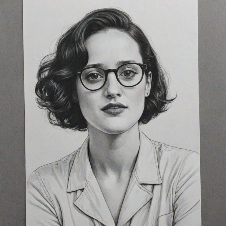 Exquisite Phoebe Waller-Bridge, pencil sketch, portrait of Ravishing woman 1949s in glasses, hair style beatnik, outline, clear lines, fine lines, 8k