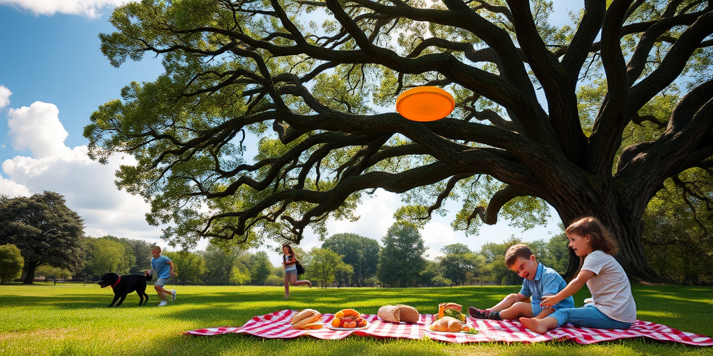 Low-resolution snapshot of a family picnic in the park, large oak tree providing shade, a red-checkered blanket spread out with sandwiches and fruit, children running in the background, a frisbee mid-air, a dog chasing after it, blue sky with fluffy clouds above.