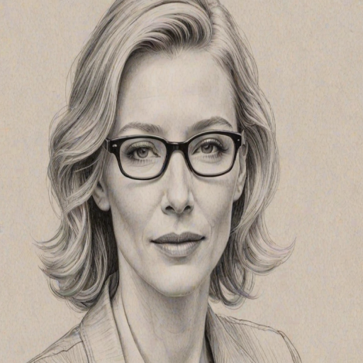 Appealing Cate Blanchett, pencil sketch, portrait of Alluring woman 1947s in glasses, hair style beatnik, outline, clear lines, fine lines, 8k
