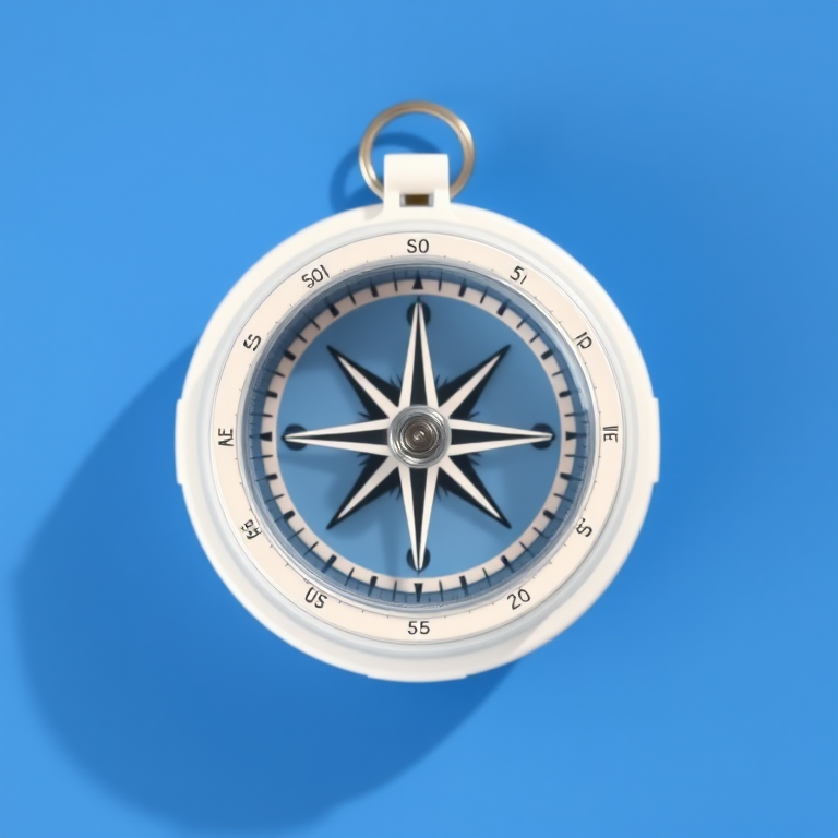 Create an image of a white compass on a vibrant blue circular background, using a Canon EOS 5D Mark IV, 50mm lens, aperture f/2.8, shutter speed 1/100 sec, ISO 100, in a bright daylight setting with a focus on sharpness and contrast.