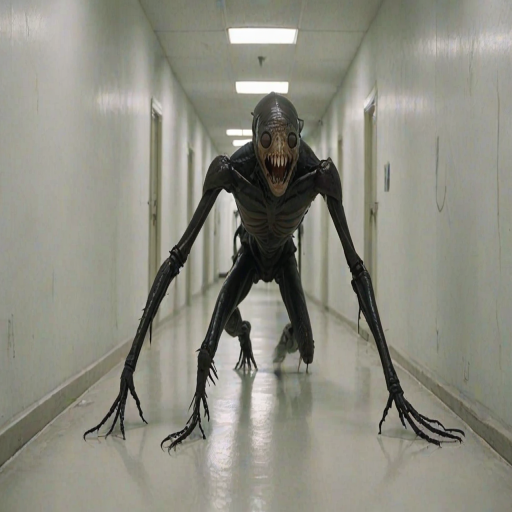 a crooked male with long arms and a creepy smile is crawling along a long white corridor and you can also see cockroaches in it there is a creepy atmosphere creepy art style