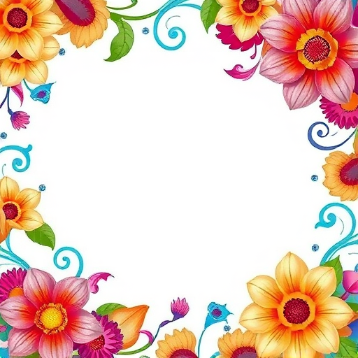Create a vibrant floral border illustration with swirling colorful patterns around a blank central area, captured with a DSLR camera at f/8 aperture, ISO 100, 50mm lens, from a top-down view, using macro photography style for enhanced detail and clarity.