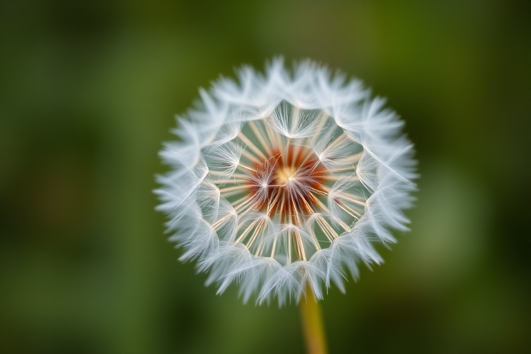macro shot of a dandelion puffball with a blurred green background, f/2.8 aperture, ISO 100, 50mm lens, natural light, DSLR camera, focus on the dandelion details