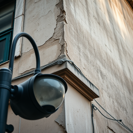 Capture a close-up of a weathered corner of an old building with a street lamp in the foreground, natural lighting, f/5.6 aperture, ISO 100, 24mm lens, shot at an angle to emphasize texture and detail, using a DSLR camera.