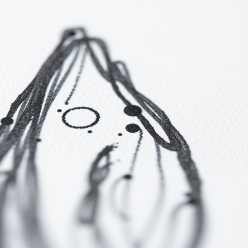 A close-up view of a minimalistic black and white drawing of two small dots and a line, captured with a DSLR camera at f/2.8, ISO 100, 50mm lens, natural lighting, and a soft focus for enhanced texture.