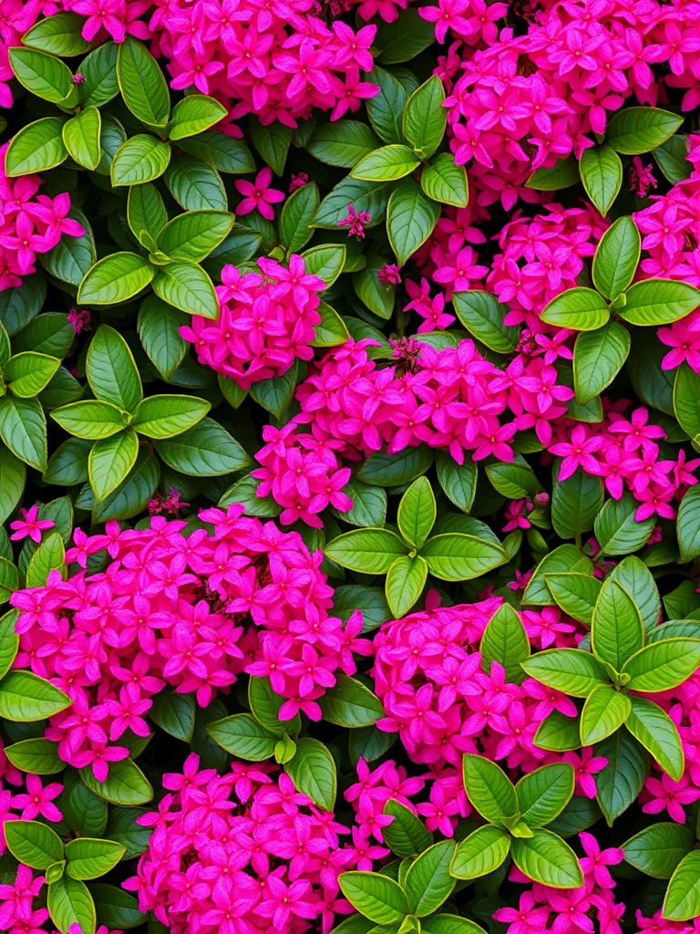 Create a vibrant floral border with lush green leaves and clusters of bright pink flowers, shot with a Canon EOS R5 at f/2.8, ISO 100, 50mm lens, in macro photography style for enhanced detail and clarity.