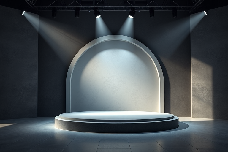 Create a high-resolution image of a modern showcase stage with a circular platform and an arch backdrop, illuminated by soft spotlighting from above, with a dark textured wall as the background, using a DSLR camera with a 50mm lens, aperture set to f/1.8, ISO 200, and a low angle view.