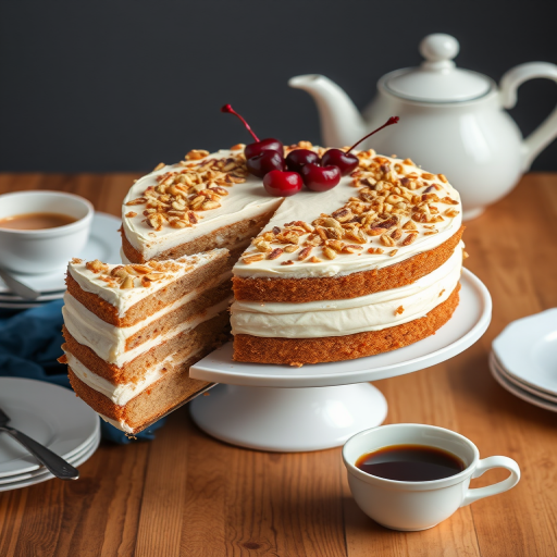 A beautifully layered cake with cream frosting topped with nuts and cherries, displayed on a white cake stand with a slice cut out, surrounded by plates and a cup of coffee on a wooden table with a blue cloth underneath.
