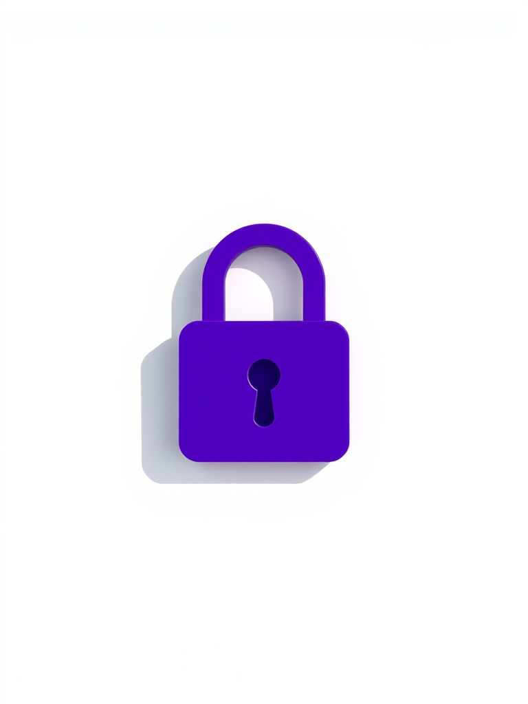 Design a minimalist purple padlock icon on a white background, using a Canon EOS R5 camera, 50mm lens, aperture f/2.8, ISO 100, and natural lighting for clarity and contrast.