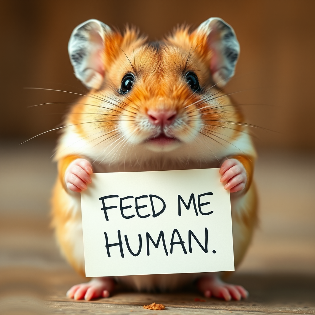 hamster holding a note which says "FEED ME HUMAN"