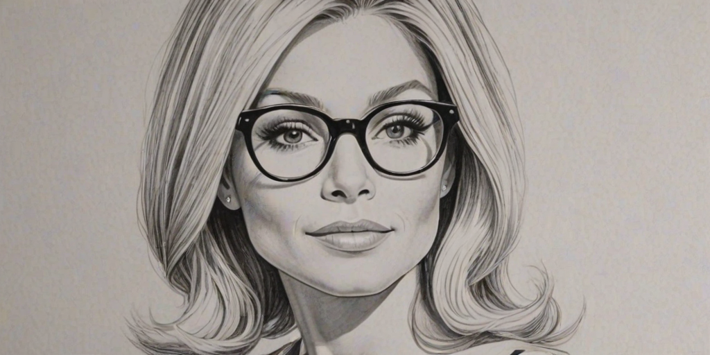 Alluring Kelly Ripa, pencil sketch, portrait of Charming woman 1960s in glasses, hair style beatnik, outline, clear lines, fine lines, 8k