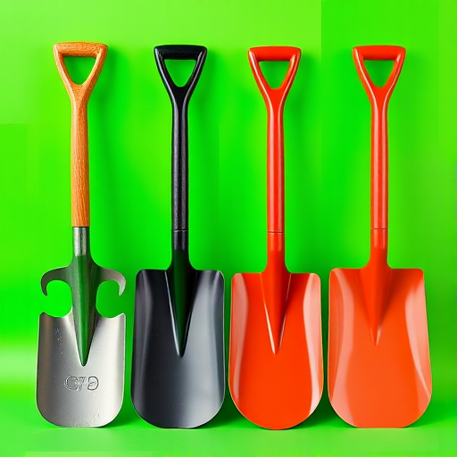 Create a high-resolution image of four different shovels positioned side by side against a vibrant green background, using a DSLR camera with a 50mm lens, f/1.8 aperture, ISO 100, 1/200 sec shutter speed, in soft natural lighting.