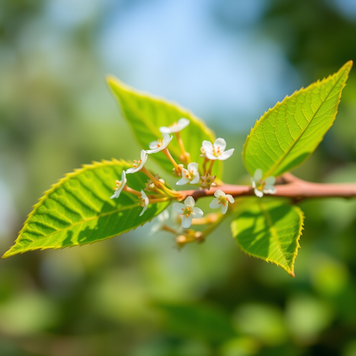 Create a vibrant close-up image of a green leaf branch with delicate white flowers, using a macro lens at f/2.8 for shallow depth of field, 1/250 sec shutter speed, ISO 100, natural light, and a DSLR camera positioned at eye level to capture intricate details and textures.