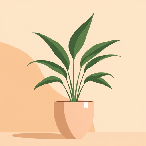 Create a high-quality minimalist illustration of a potted plant with long leaves, incorporating abstract shapes in earthy tones and a warm color gradient background, use a Canon EOS R5 camera with a 50mm f/1.8 lens, ISO 100, shutter speed 1/200s, and aperture f/2.8 for a crisp and vibrant look.