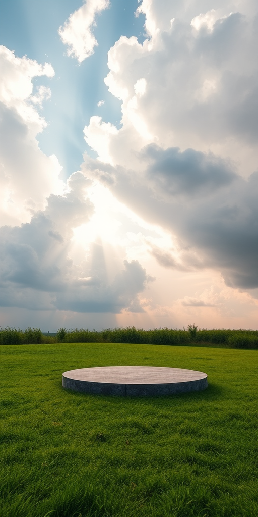 Create a serene outdoor scene featuring a circular platform on lush green grass under a dramatic sky filled with soft, billowing clouds and rays of sunlight, shot with a Canon EOS R5, 24mm lens, f/8 aperture, 1/100s shutter speed, ISO 100, wide-angle view for depth and clarity.