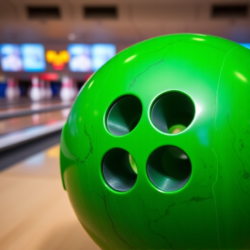 Create a high-resolution image of a glossy green bowling ball with three finger holes, using a 50mm lens at f/2.8, in a well-lit indoor bowling alley setting, captured with a DSLR camera from a slightly elevated angle to emphasize its sleek surface and contours.
