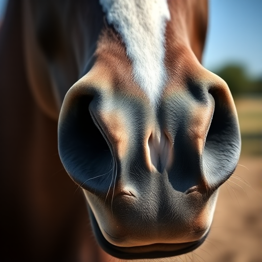 close-up shot of a horse's nose with a shallow depth of field, natural lighting, shot with a DSLR camera at 50mm f/2.8, ISO 100, aperture priority mode