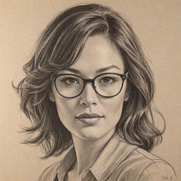Pleasing Lindsay Price, pencil sketch, portrait of Stunning woman 1921s in glasses, hair style beatnik, outline, clear lines, fine lines, 8k
