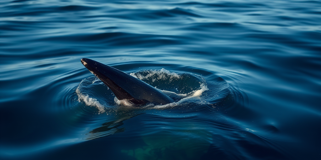 Capture a close-up shot of a whale's fin emerging from calm ocean waters, using a DSLR camera with a 200mm lens, aperture f/5.6, ISO 100, shallow depth of field, and natural lighting for enhanced clarity and detail.