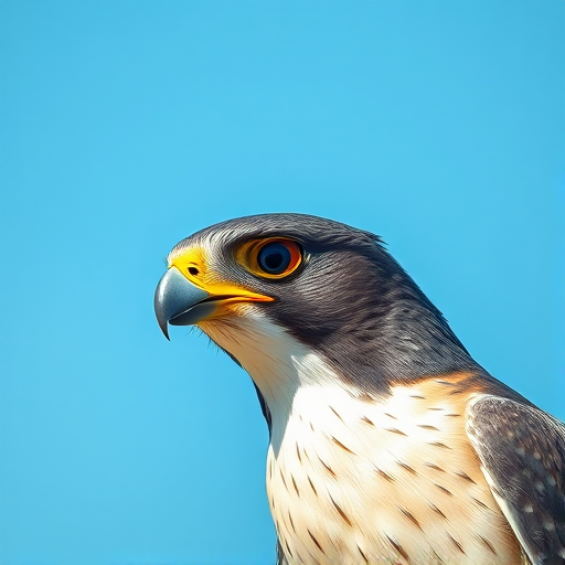 Create a highly detailed illustration of a falcon, displaying its distinctive features such as a sharp beak and striking eyes, in a clear blue sky background, using a Canon EOS R5 with a 85mm f/1.2 lens, aperture set at f/4 for sharpness, ISO 100 for low noise, and a shallow depth of field to focus on the bird while softly blurring the background.