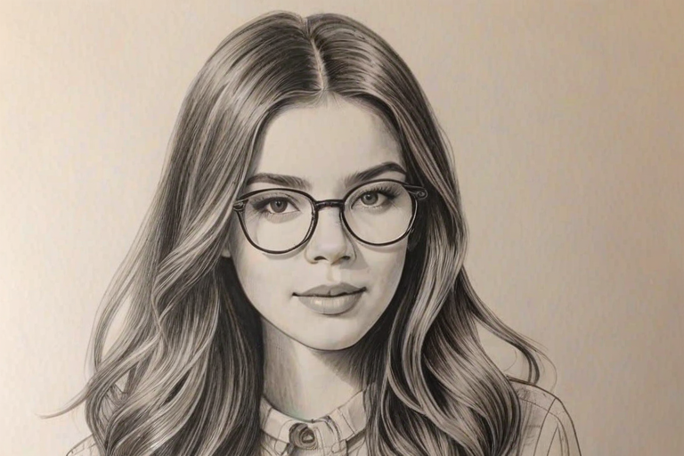 Gorgeous Haliee Steinfeld, pencil sketch, portrait of Radiant woman 1971s in glasses, hair style beatnik, outline, clear lines, fine lines, 8k