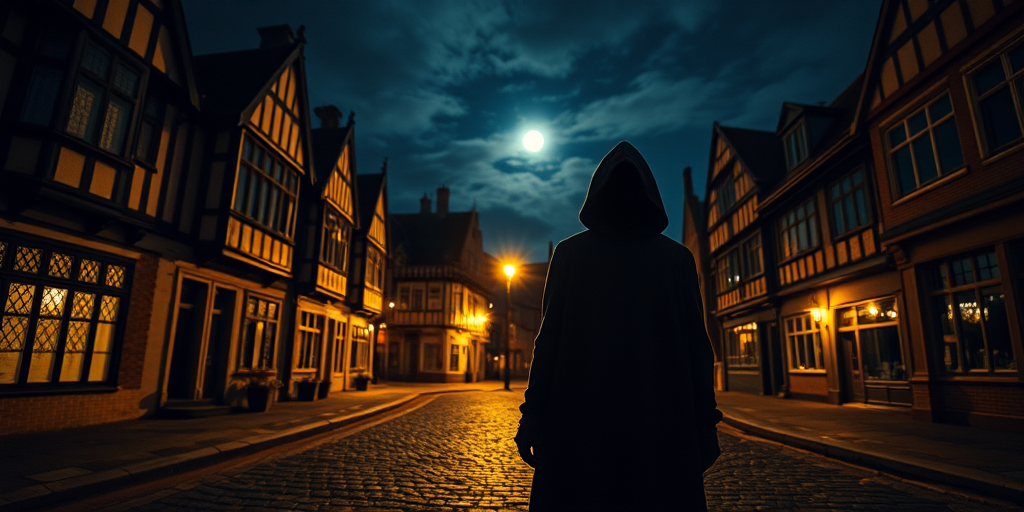 A mysterious hooded figure standing on a cobblestone street at night, surrounded by old Tudor-style buildings illuminated by street lamps, with a full moon in the sky, taken with a DSLR camera, 50mm lens, f/1.8 aperture, ISO 200, long exposure of 15 seconds for enhanced light capture.