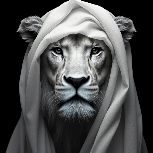 A hyper-realistic digital portrait of an lion with fabric draped over its head. The fabric is sheer and lightweight, allowing the contours of the lion’s face to show through, including its ears, eyes, and nose. The texture of the fabric is smooth and flowing, with delicate folds and creases that suggest softness and movement. The lion’s expression is serene and contemplative. The image focuses on the interplay of light and shadow on the fabric and the lion's face, creating a monochromatic palette of whites and grays. The background is a simple, nondescript dark shade to highlight the subject.
