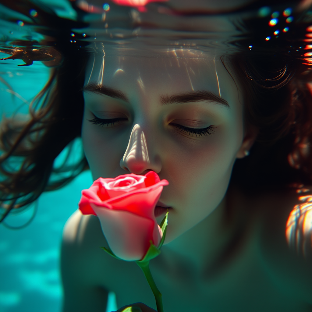 A woman underwater, gazing at a rose Her face is reflected in the water's surface The scene is illuminated by sunlight filtering through the water The atmosphere is serene and contemplative