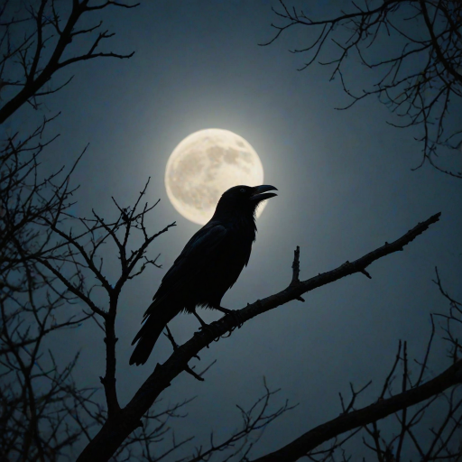 A fantastical photo featuring the silhouette of a crow perched on the branches of a tree, set against the backdrop of a large, luminous moon. Incorporate fantasy elements into the posture of the crow and the shape of the branches, depicting a mysterious scene illuminated by the moonlight on a tranquil night. Use warm tones to enhance the cozy atmosphere of this enchanting and elegant scene. insanely detailed, High contrast and low saturation.