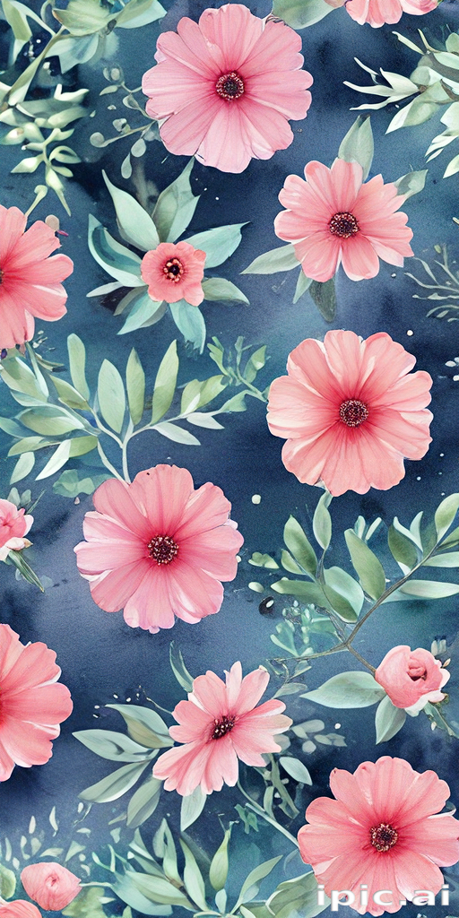 Delicate Pink Flowers Against a Deep Blue Background with Green Leaves