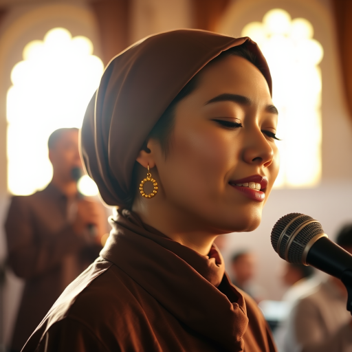 A close-up portrait of a asian woman with her eyes closed, singing into a microphone, positioned on the right side of the frame, facing the viewer. She is wearing a brown headscarf, gold earrings, and a brown blouse, and is bathed in warm, golden light emanating from the windows behind her. A blurred figure of a man singing into a microphone is visible in the background. The scene has a sense of calm and spirituality.