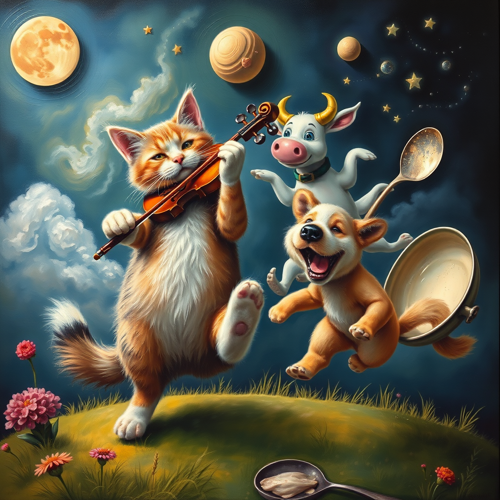 A whimsical hyper vibrant, hyper realistic and hyper detailed image of a cat and a fiddle, a cow jumping over a moon , a laughing dog, and a dish running away with a spoon, oil painting and airbrush