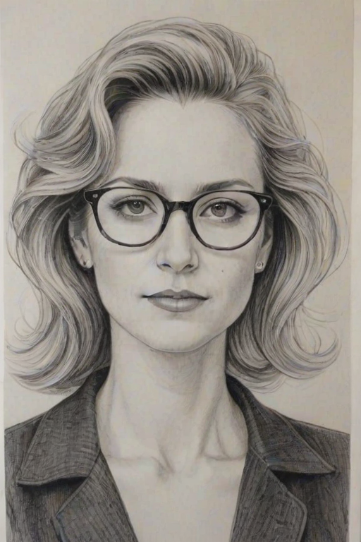 Graceful Alicia Goranson, pencil sketch, portrait of Comely woman 1977s in glasses, hair style beatnik, outline, clear lines, fine lines, 8k