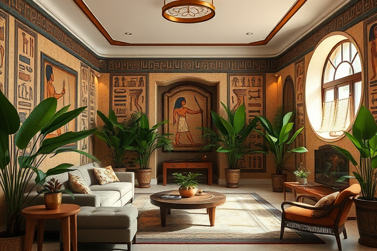 interior of an ancient Egyptian-themed living room with ornate hieroglyphics on the walls, lush green plants, stylish furniture, and decorative artifacts, captured with a DSLR camera at f/2.8, ISO 100, 35mm lens, natural light, wide-angle view, high-resolution detail
