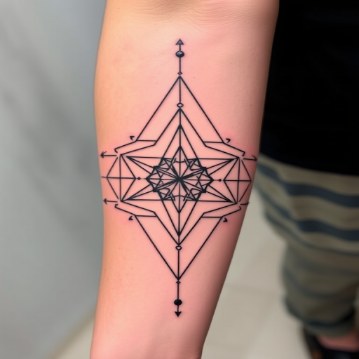 Abstract geometric tattoo titled "Sacred Symmetry" incorporating precise shapes and lines to form a balanced composition inspired by sacred geometry and architectural elements